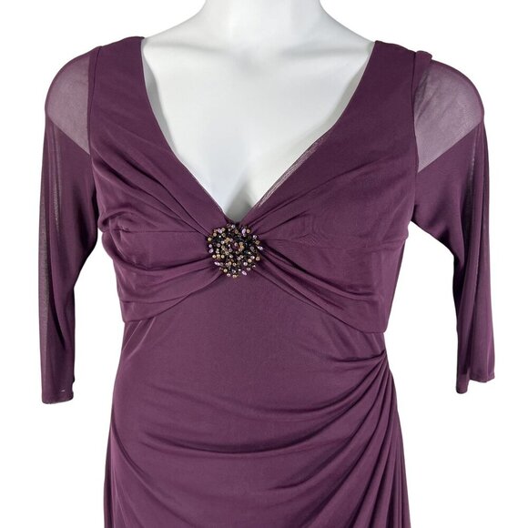 Alex Evenings Size 10 NWT Eggplant Dress Ruched Waist 3/4 Sleeves Sheer Wedding - Picture 3 of 16